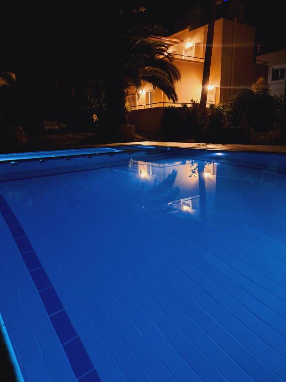 a blue swimming pool at night with a house at Palm Tree Villa in Almyrida