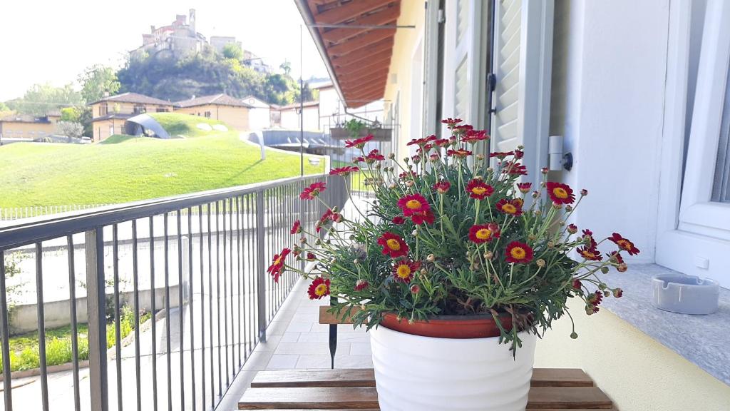 a potted plant sitting on a porch next to a window at Ciabot delle Aie - Barolo in Barolo