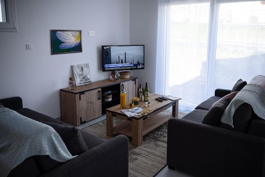 un soggiorno con 2 divani e una TV di Le Clos De L'étang Jura a Frasne