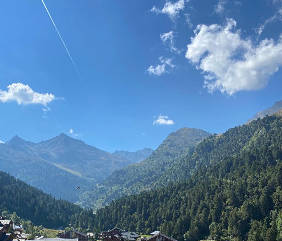 uma vista para um vale com árvores e montanhas em Chalet Olympie, Appartement avec balcon et vue montagne, ski aux pieds, Méribel-Mottaret em Méribel