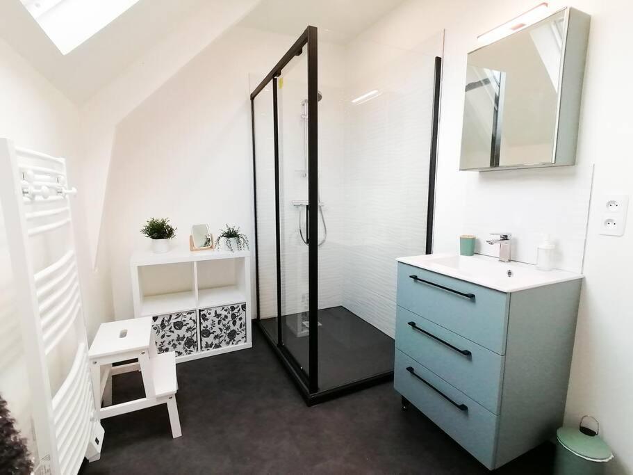 a bathroom with a sink and a mirror at Maison de pêcheur rénovée (new) in Ploubazlanec