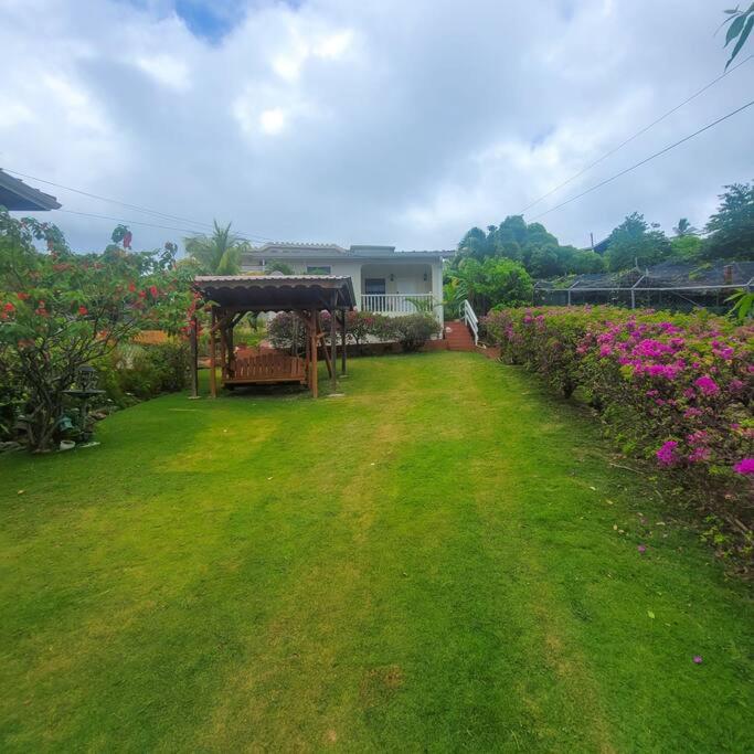 een tuin met een tuinhuisje en bloemen bij Petti Rosa Villa in Gros Islet