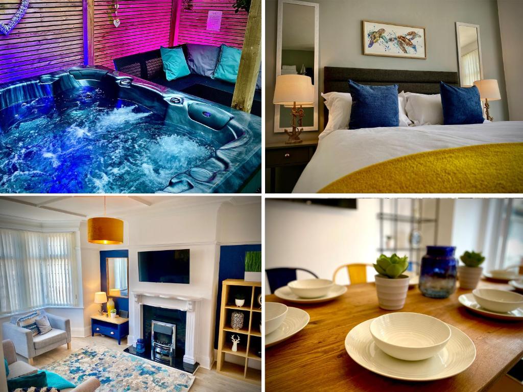 a collage of three pictures of a hotel room with a hot tub at Clifton Luxury Hot Tub House in Blackpool in Blackpool