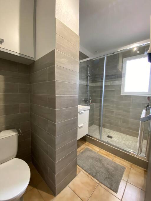 a bathroom with a toilet and a glass shower at small house 6p in bormes, quiet , hill-view in Bormes-les-Mimosas