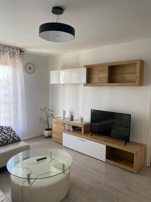 a living room with a flat screen tv and a coffee table at Apartment Vrbani in Zagreb