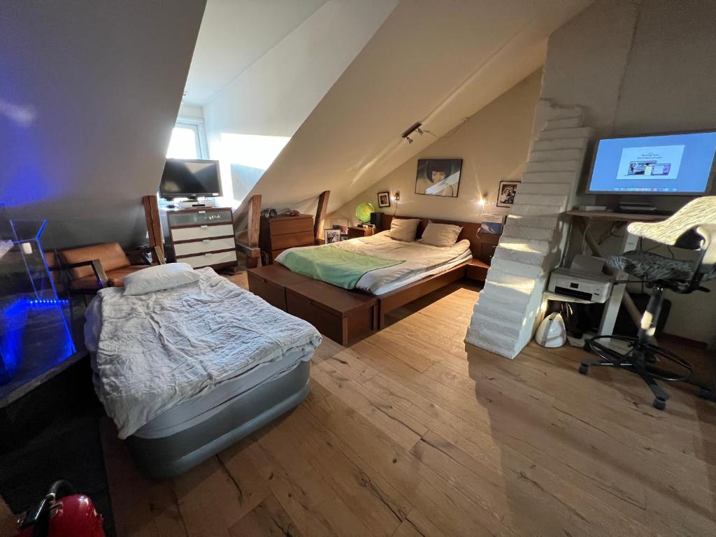 a large room with two beds and a television at Etage flat Stockholm Stora Essingen in Stockholm