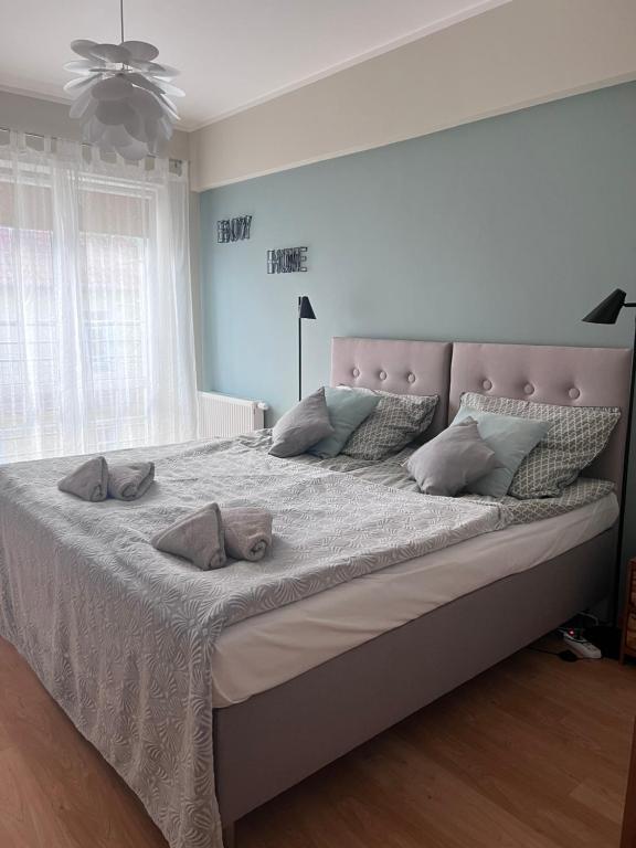 ギジツコにあるApartament Boyaのベッドルームにピンクのヘッドボード付きの大型ベッド1台