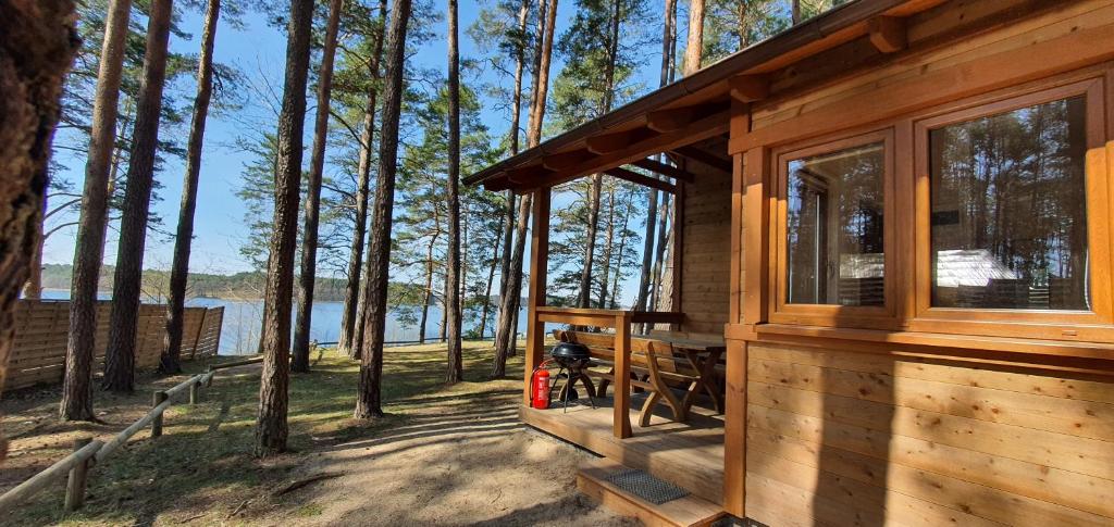 a wooden cabin with a view of a lake and trees at Domki Borsk - nad samym jeziorem, nowe w pełni wyposażone z miejscem parkingowym in Borsk