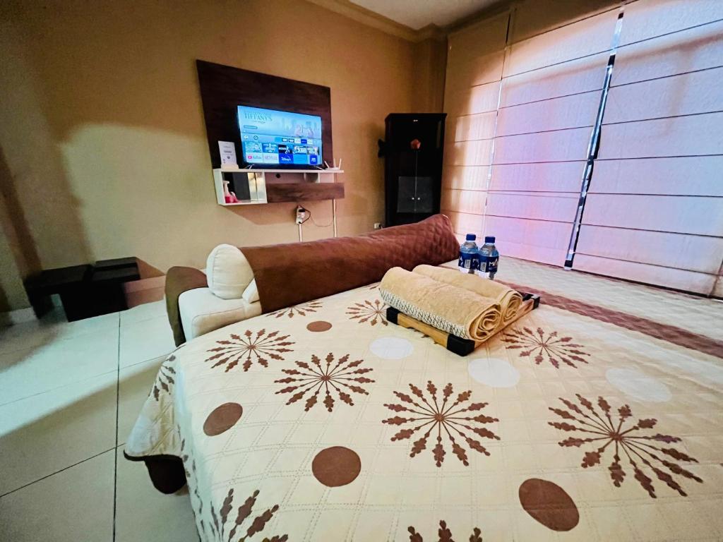1 dormitorio con cama, sofá y TV en Junior Suite a few minutes from shopping centers and airport, en Guayaquil