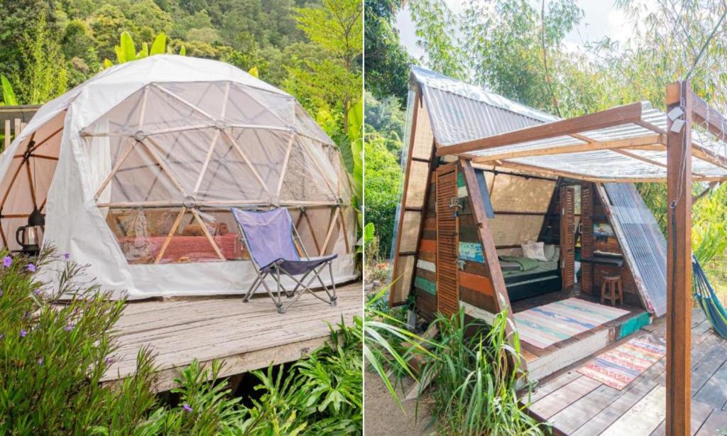 two pictures of a yurt with a chair on a deck at Cloud Hills Glamping in Kintamani