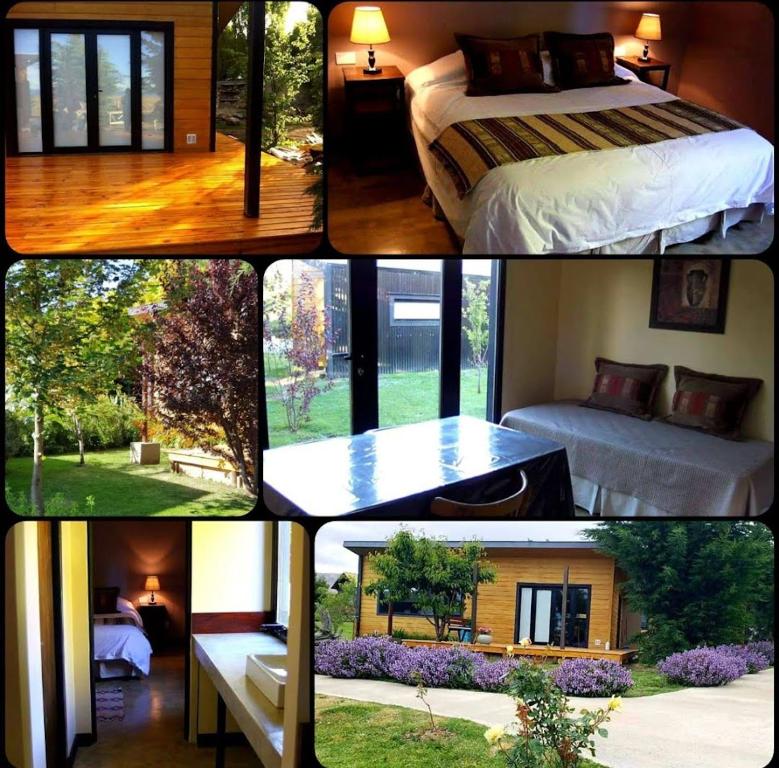 a collage of four pictures of a bedroom at Cabañas La Chacra in El Calafate