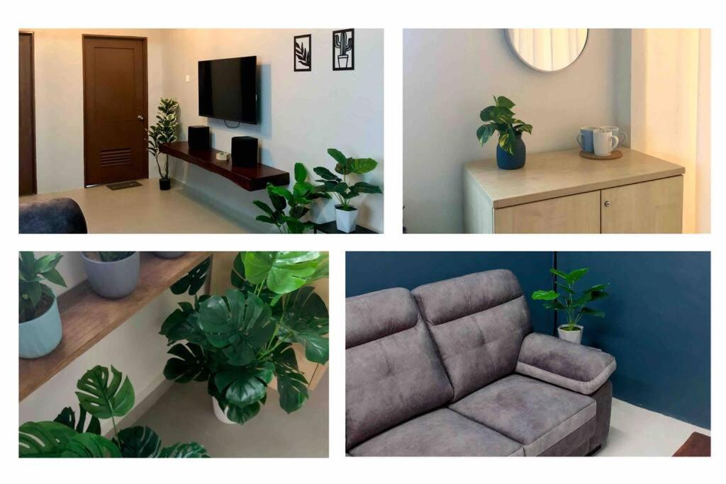 four pictures of a living room with a couch and plants at Blue House｜Ulu Yam Homestay｜12-15pax in Batang Kali