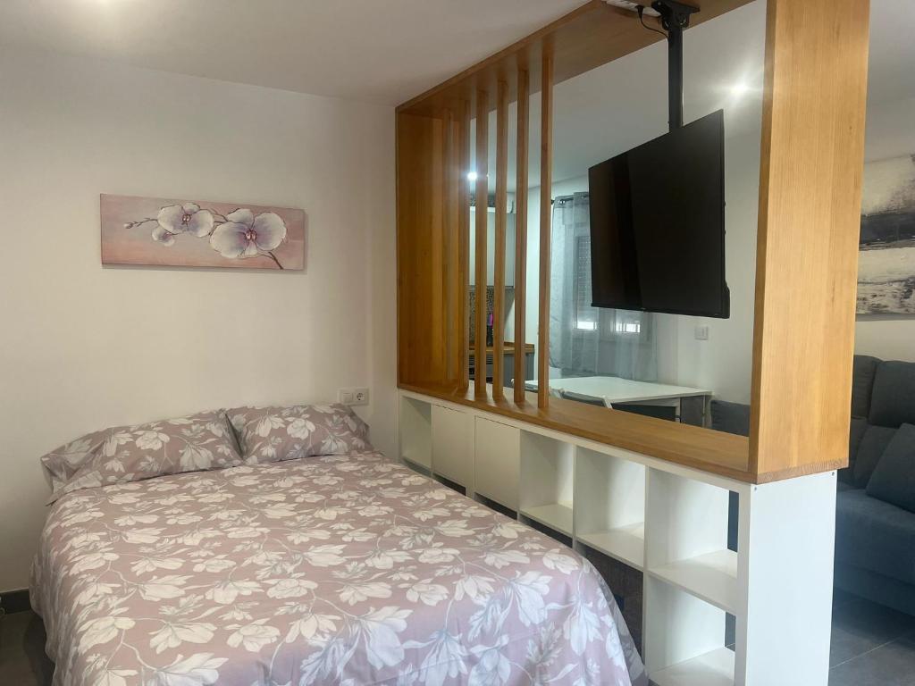 een slaapkamer met een bed en een flatscreen-tv bij Palmones, céntrico y acogedor in Palmones