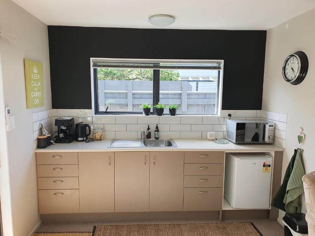 a kitchen with a sink and a microwave and a window at The Tin Hut in Blenheim