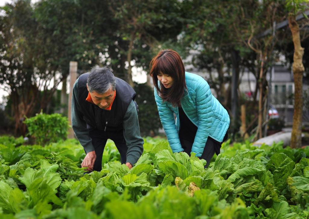 a man and a woman looking at plants in a garden at Yunju House in Jiaoxi
