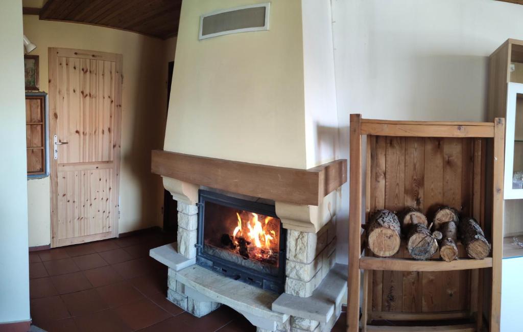 a fireplace in a room with logs in it at Przy Kominku Polanica-Zdrój in Polanica-Zdrój