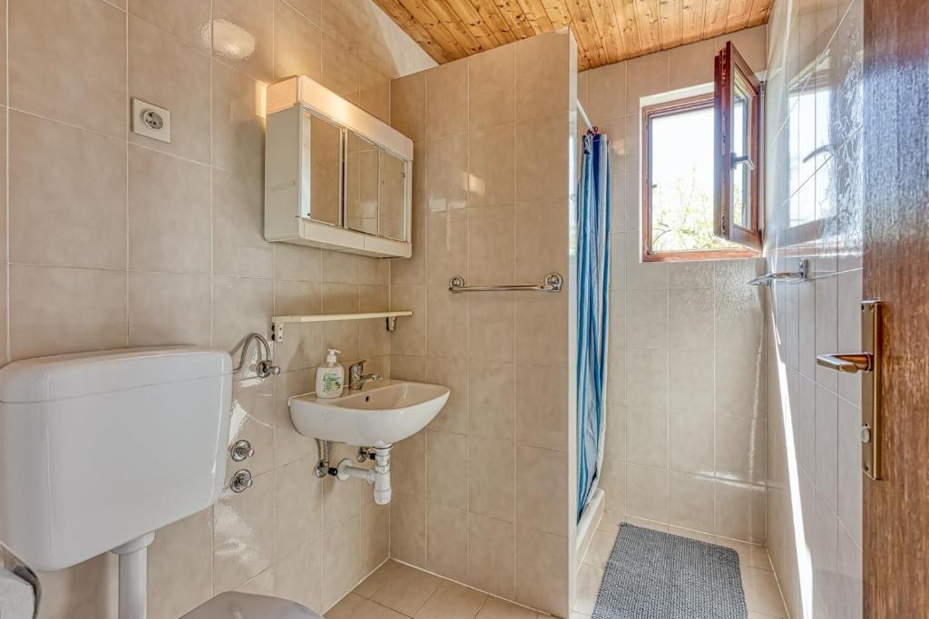 łazienka z umywalką, toaletą i prysznicem w obiekcie Apartments Kiki Spada w Poreču