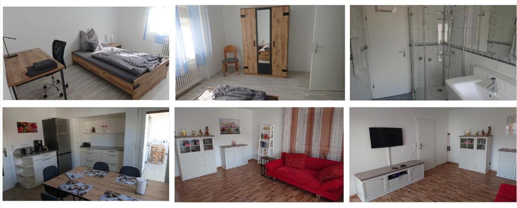 een serie van vier foto's van een woonkamer bij Apartment Ferienwohnung Vogt in Sinzheim