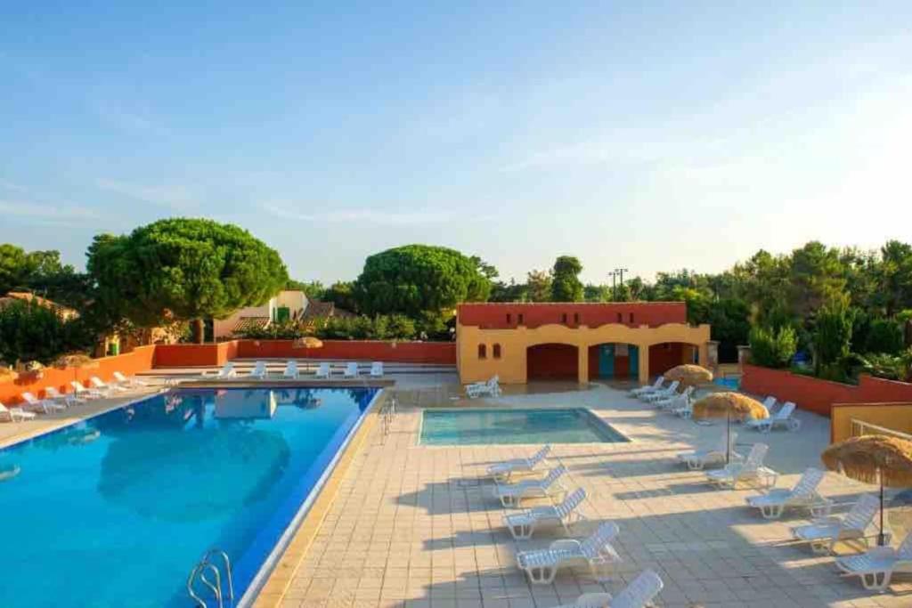 - une piscine avec des chaises longues et des parasols à côté d'un complexe dans l'établissement Charmant appartement en résidence de vacances avec piscine, à Argelès-sur-Mer
