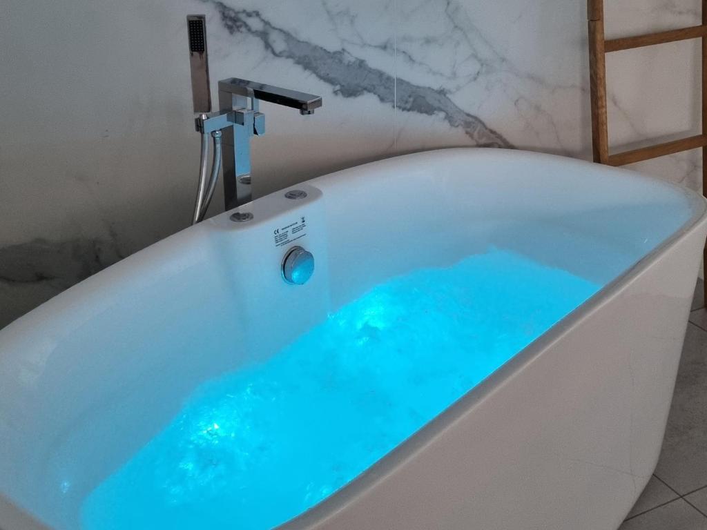 a bath tub with blue water in a bathroom at Le Pilotis in Gujan-Mestras