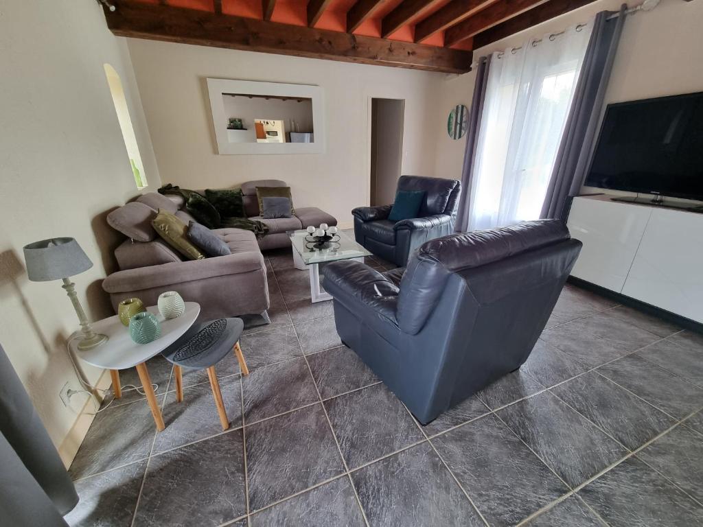 a living room with couches and chairs and a tv at Amazonite - 6 à 8 couchages in Archigny