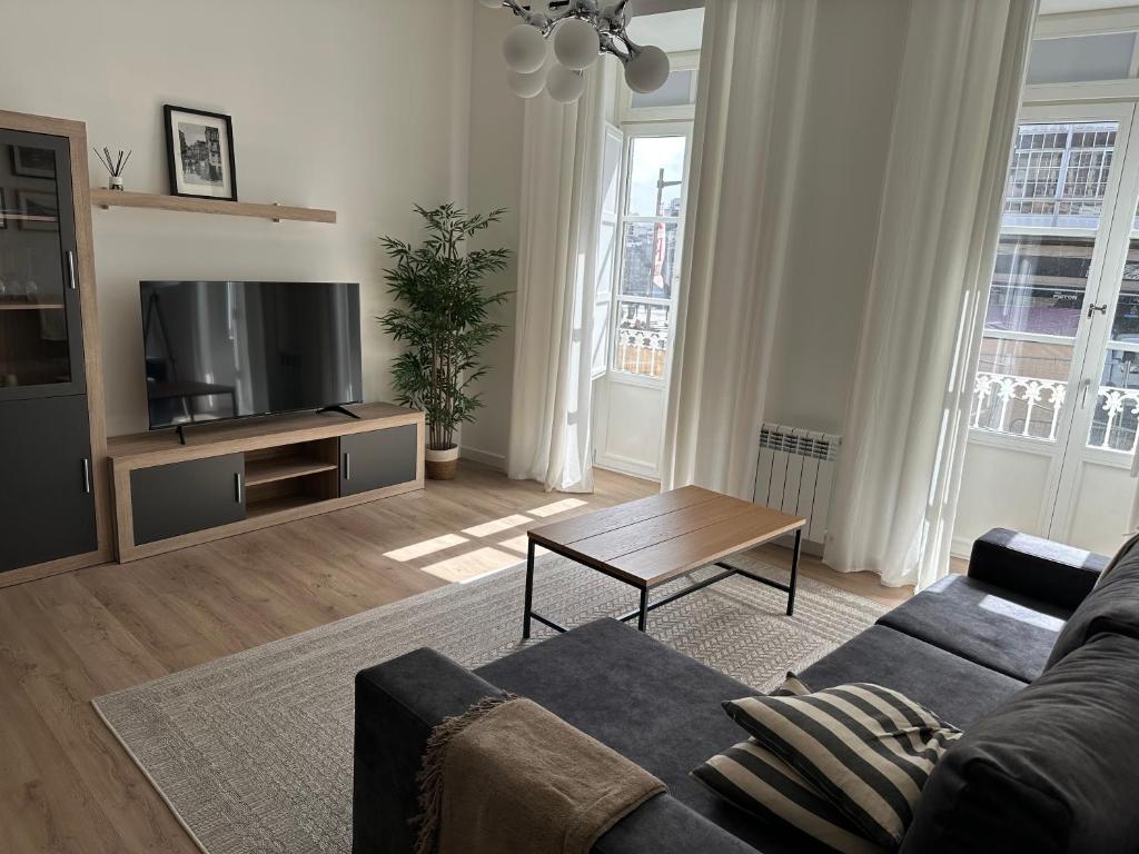 uma sala de estar com um sofá e uma televisão em Apartamento Vigo Centro Puerta del Sol em Vigo