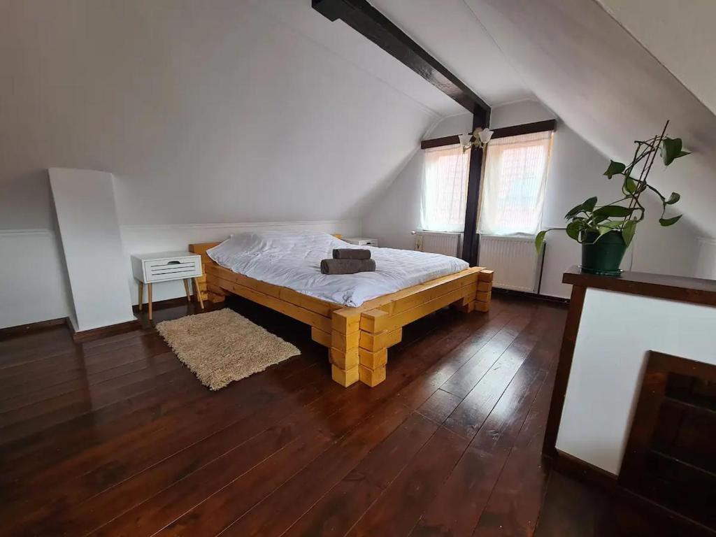 ein Schlafzimmer mit einem Bett in einem Zimmer mit Holzböden in der Unterkunft Casa Bonita Saliste in Sălişte