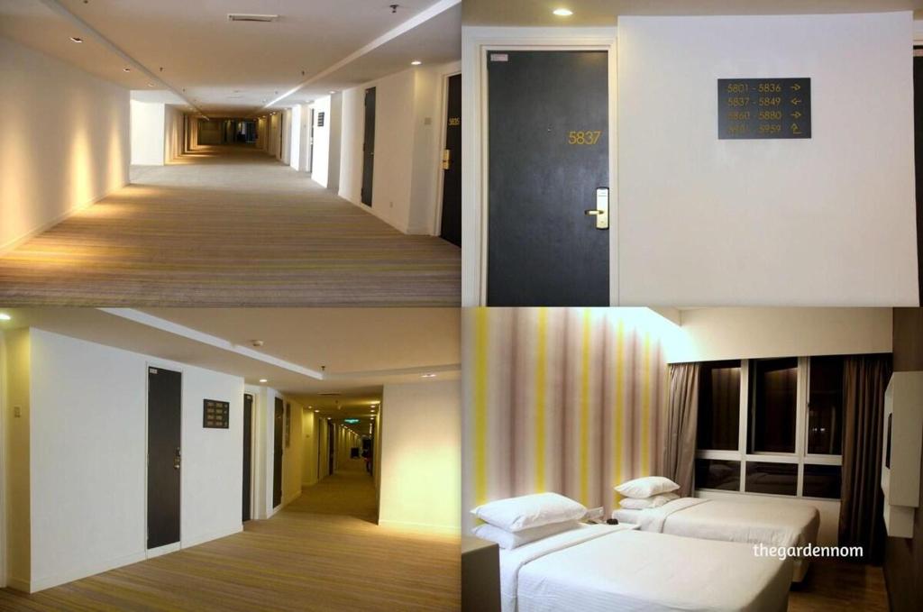 two images of a hotel room with two beds and a hallway at Comfy Room In Genting Highlands in Genting Highlands