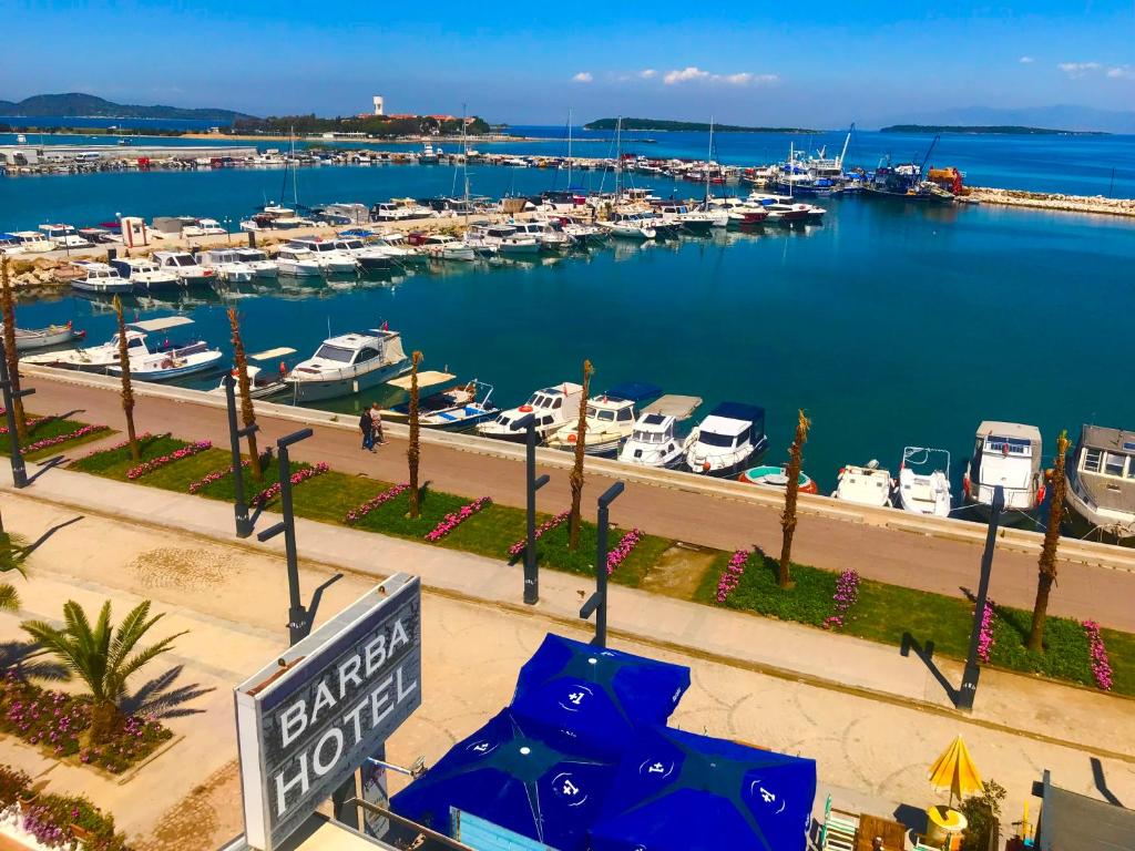 a view of a marina with boats in the water at Hotel Barba in Urla