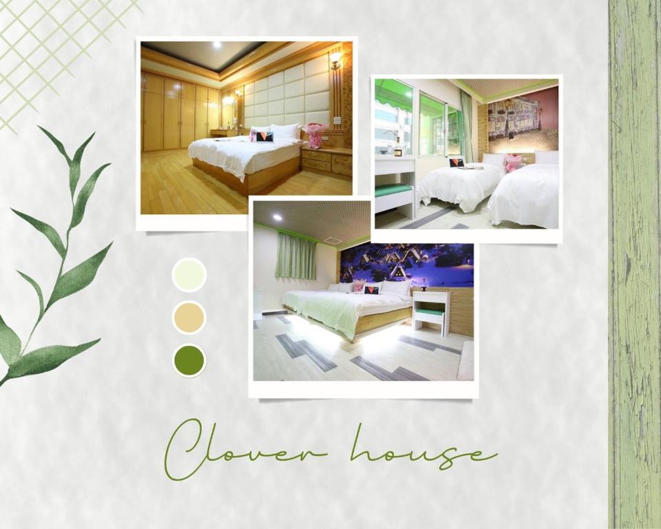 een collage van foto's van een hotelkamer bij Clover house-自助式無人旅店 in Zhongli