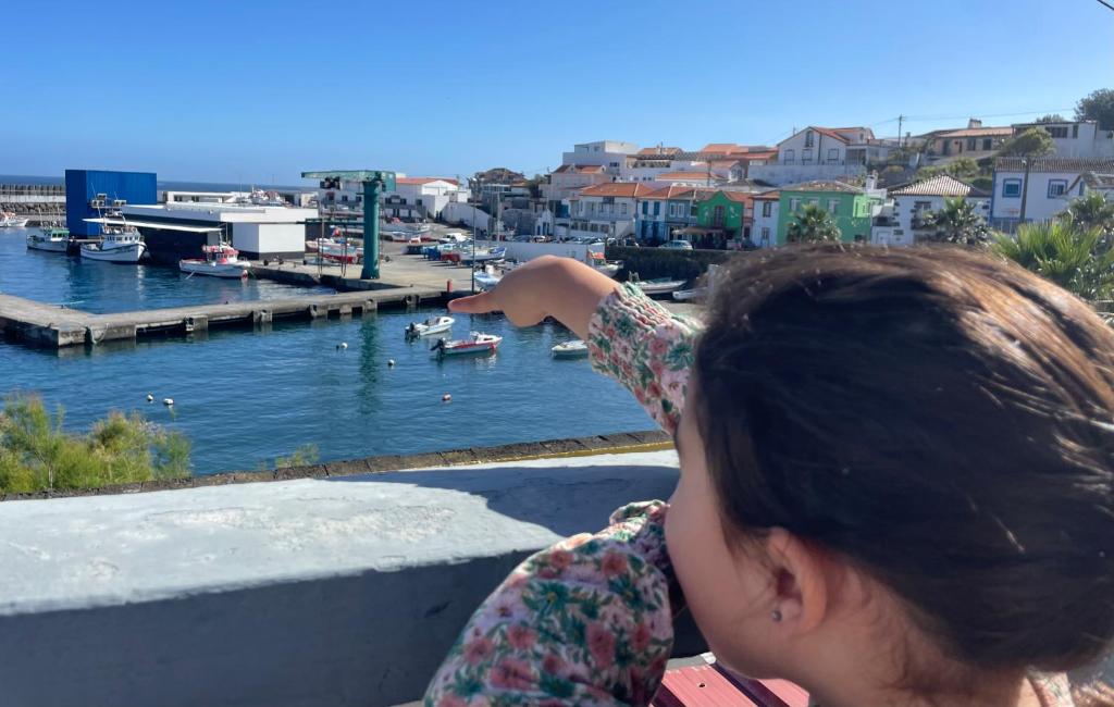 una giovane ragazza che guarda un porto turistico con le barche di Casa do Porto ad Angra do Heroísmo