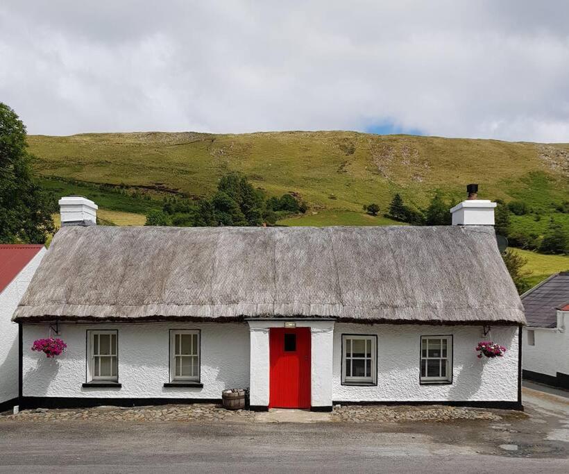 a white house with a thatched roof with a red door at Eddie's Roadside Thatched Cottage 