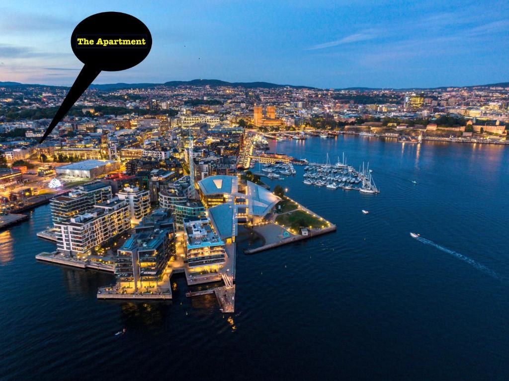 uma vista aérea de um porto com barcos na água em Spacious & stylish apartment in Oslo - Supercentral em Oslo