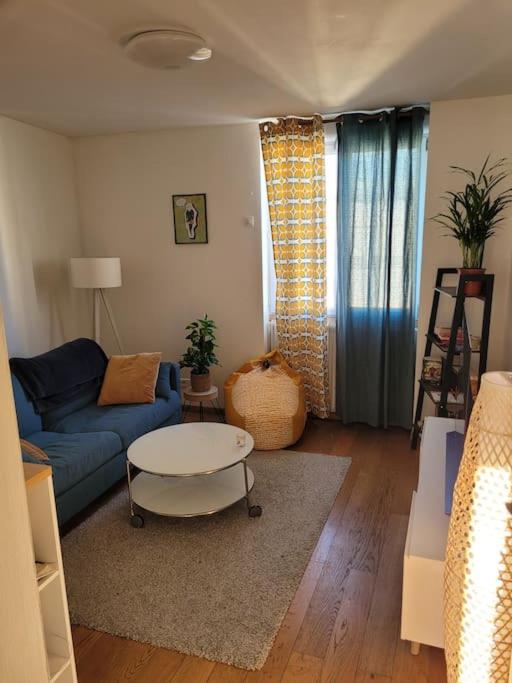 een woonkamer met een blauwe bank en een tafel bij Chaleureux 2 pièces proche de Paris & La Défense in Colombes