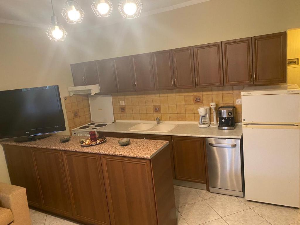 a kitchen with wooden cabinets and a white refrigerator at Villa Helen in Asprovalta