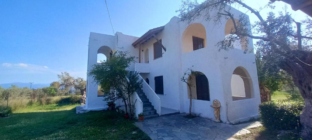 una gran casa blanca con un árbol delante en Seaview Miloi, en Eretria