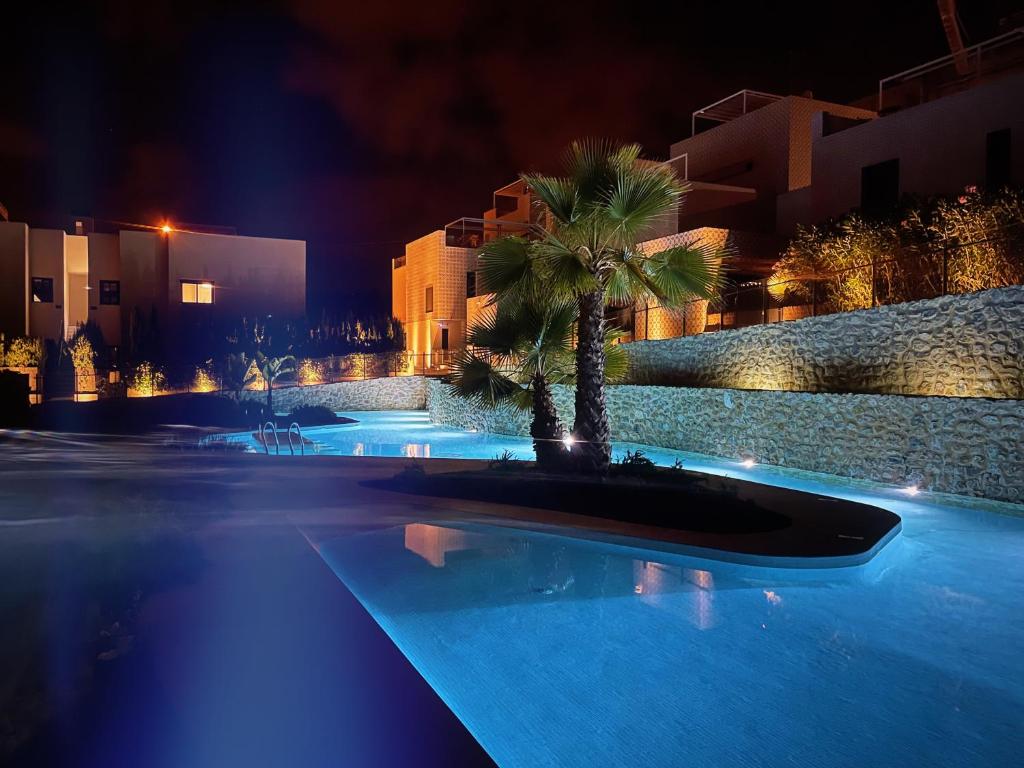 una piscina por la noche con una palmera en el medio en Salinas Lagoon - penthouse with swimming lagoon, quiet community, playstation, near golf, en San Miguel de Salinas