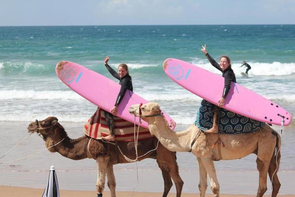 due ragazze che cavalcano cammelli sulla spiaggia con tavole da surf di Tafoukt house ,tamraght ad Aourir