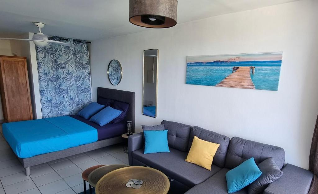 uma sala de estar com um sofá, uma cama e uma mesa em Appartement 1 pièce Saint-Gilles-Les-Bains em Saint-Gilles-les-Bains