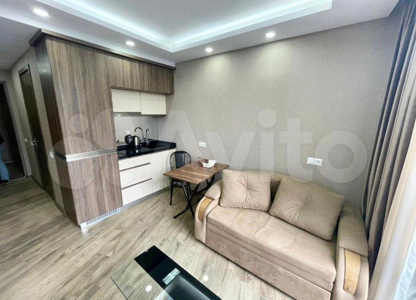 a living room with a couch and a kitchen at GOOD-VIBES Apartments in Batumi