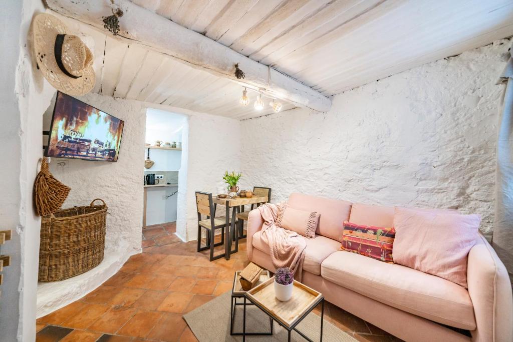 salon z kanapą i stołem w obiekcie La Maison de l'Âne w mieście Seillans