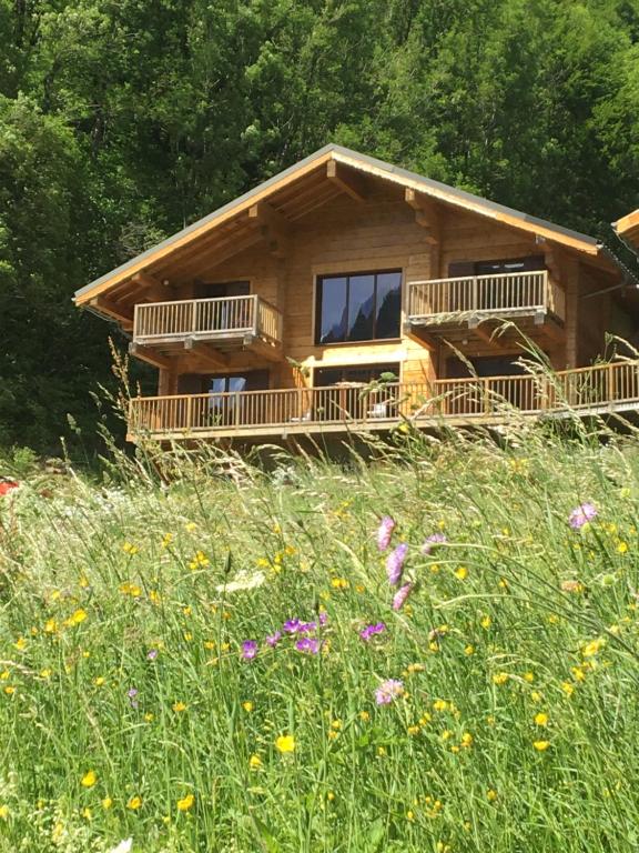 uma cabana no meio de um campo de flores em Chalet Etoile em Abondance