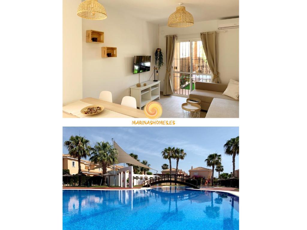 a collage of two pictures of a hotel room with a swimming pool at Marinas Sol - Tu hogar con jardín privado! in Vera