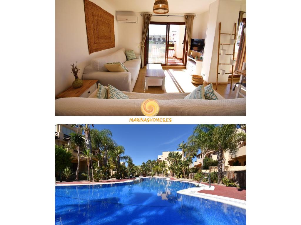 une photo d'un salon et d'une piscine dans l'établissement Marinas Sunset - Tu Dúplex con Solarium Privado!, à Vera