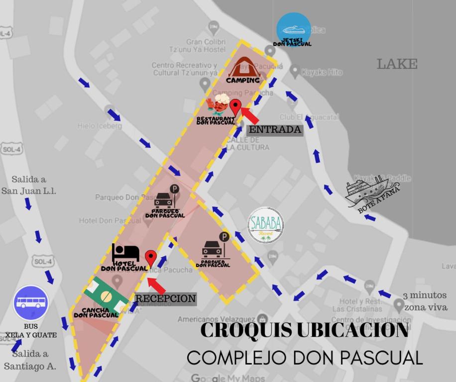 een kaart van de stad choosolis onderwijscomplex Don pasola bij Complejo Don Pascual in San Pedro La Laguna