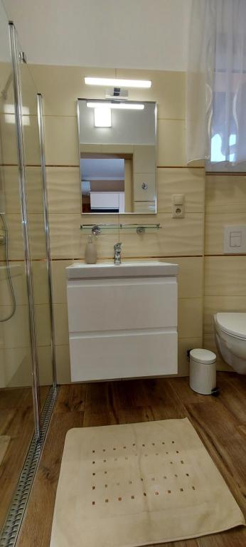 a bathroom with a sink and a mirror and a toilet at Mediterrán Vendégház in Nagyatád