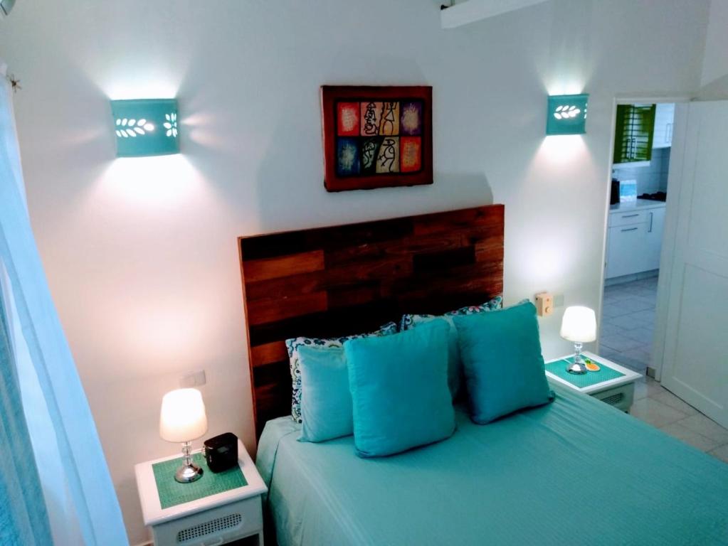 a bedroom with a bed with blue pillows and two lamps at Beautiful 1 Bedroom Apartment in Paradise / WIFI in Las Terrenas