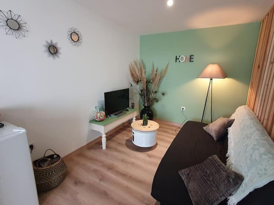 a room with a bed and a table with a tv at Charmant appartement au calme in Saint-Romain-la-Motte