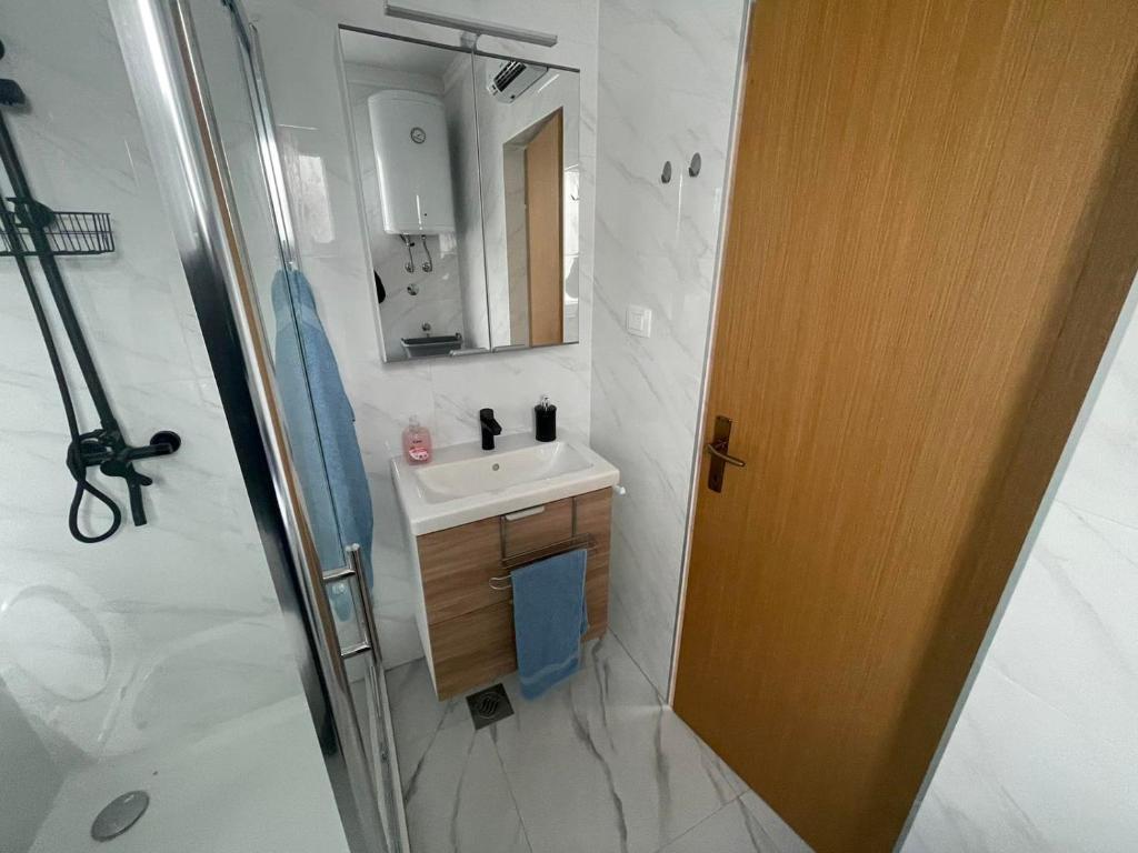 a bathroom with a sink and a shower and a mirror at Studio Galija in Poreč