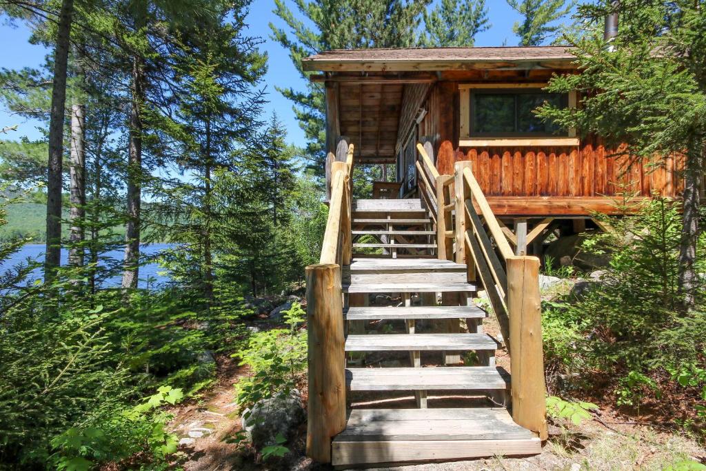 una escalera que conduce a una cabaña de madera en el bosque en Attean Lake Lodge, en Jackman